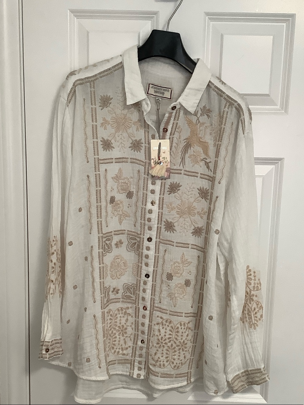 Johnny Was Alberte Button-Down Shirt Tan Embroidered Panels